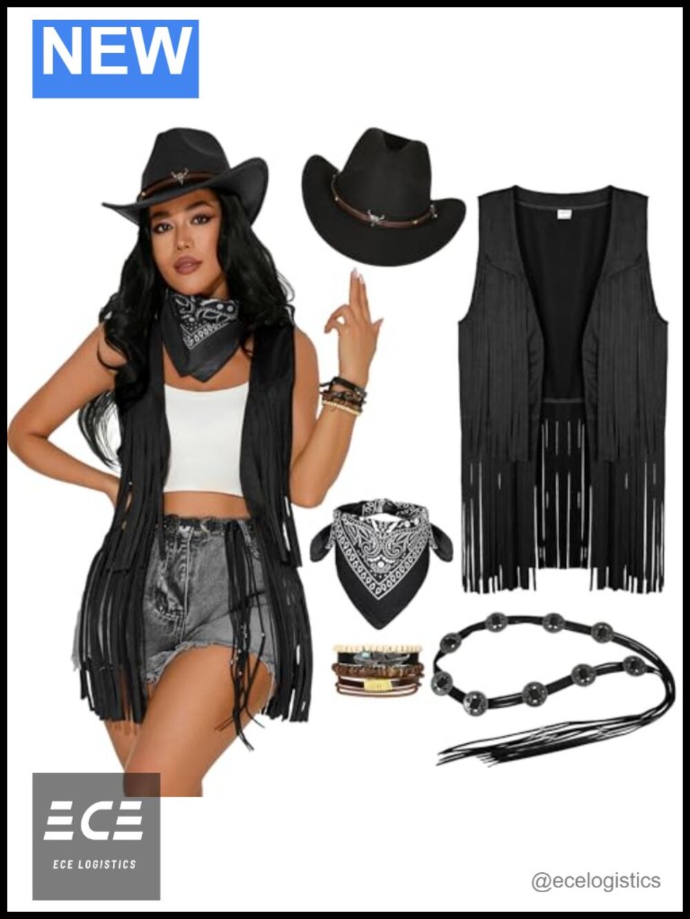 Western Cowgirl Costume Faux Suede Fringe Vest Hat Scarf